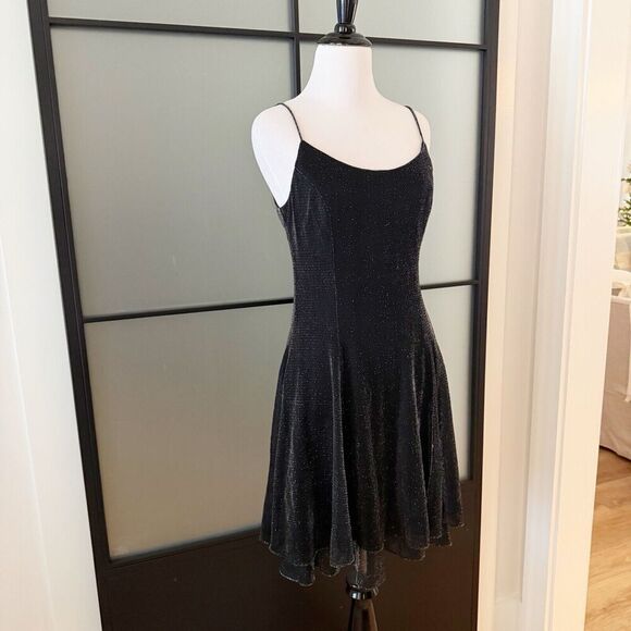 Vintage 80s 90s Black Silver Festive Swing Skater Mini Dress M/L USA Union Made - Picture 2 of 13